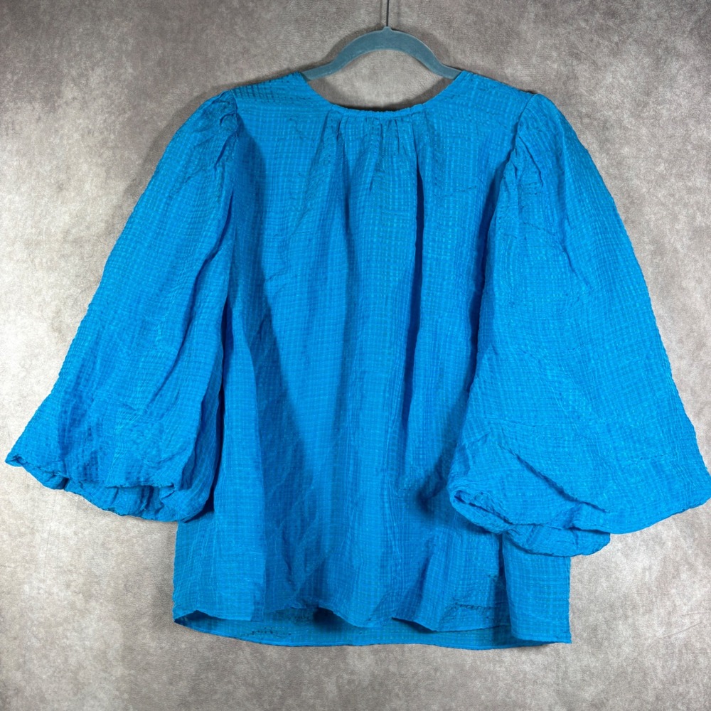 Marie Oliver Blouse Womens XXL Blue Puff Sleeve Boho Linen Blend Textured Chic